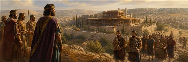 David overlooking his cedar residence as commanders return with captured Philistine idols